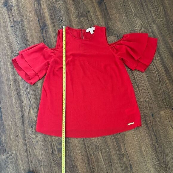 Michael Kors Women's Red Cold Shoulder Ruffle Dress Size M Petites - Picture 7 of 8